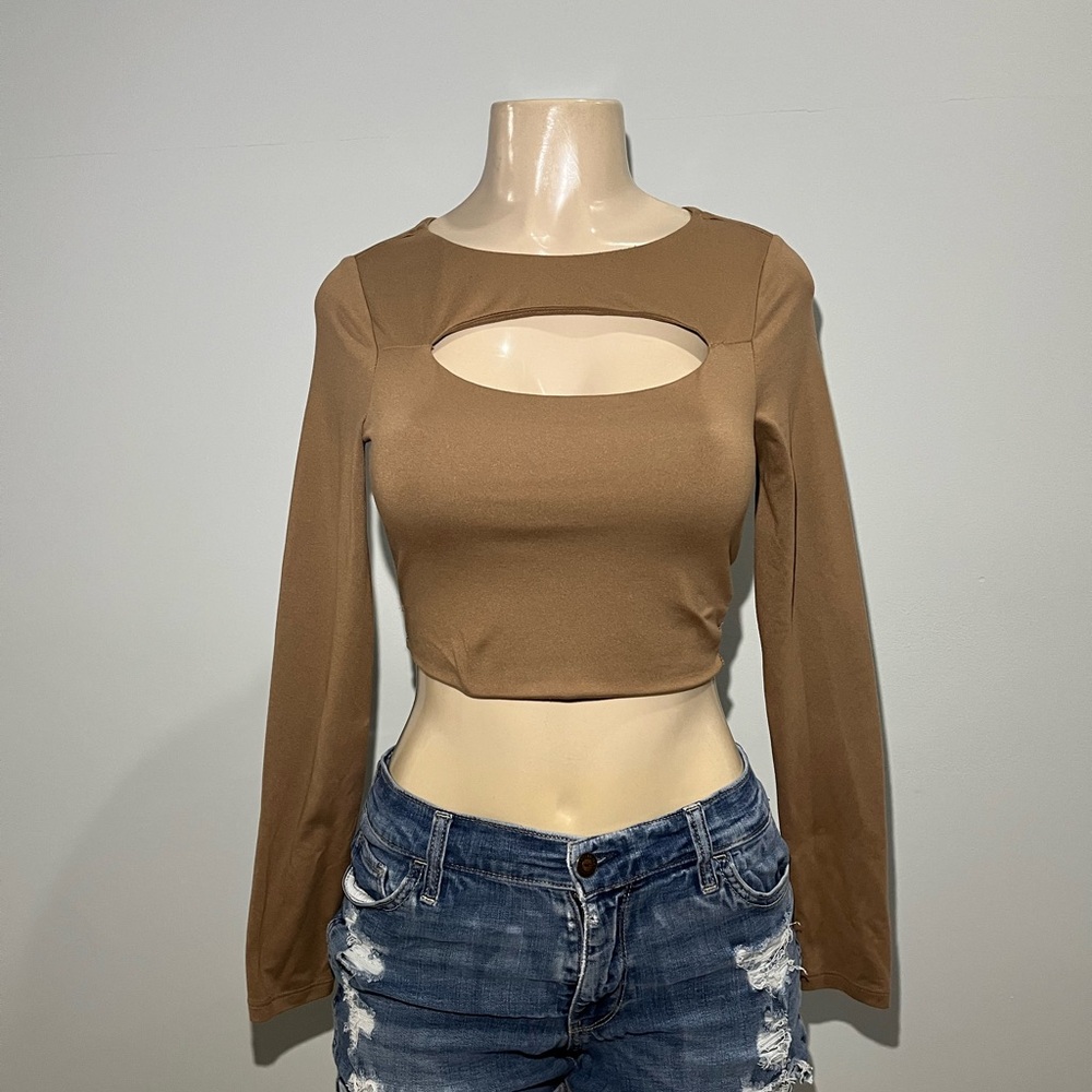 Iris Tan Long Sleeve Cutout Crop Top